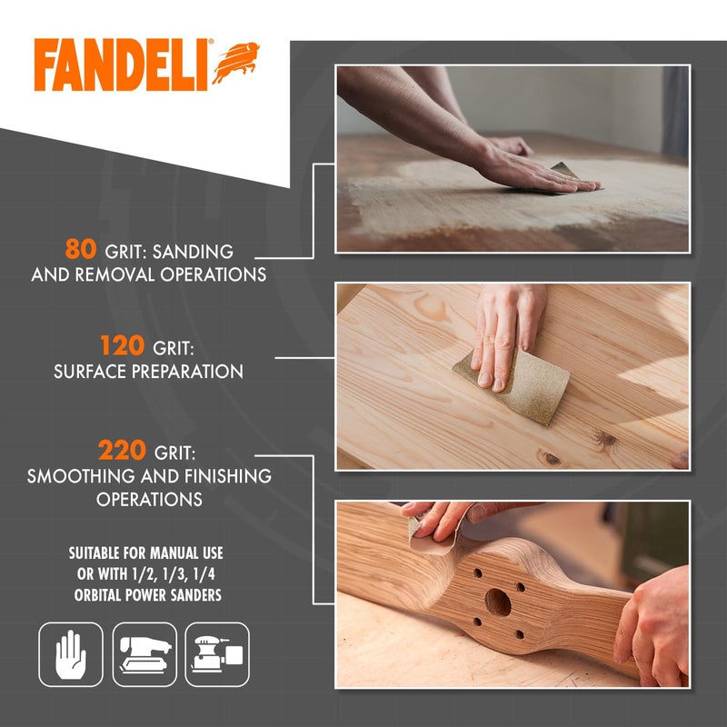 Fandeli | Multi-Purpose Sanding Paper | Assorted Grits (80 120 220) | 50 Sheets of 23 x 28 cm | Perfect for Sanding Metal and Sanding Wood | Hand Sanding | Orbital Sanders. - Image 4